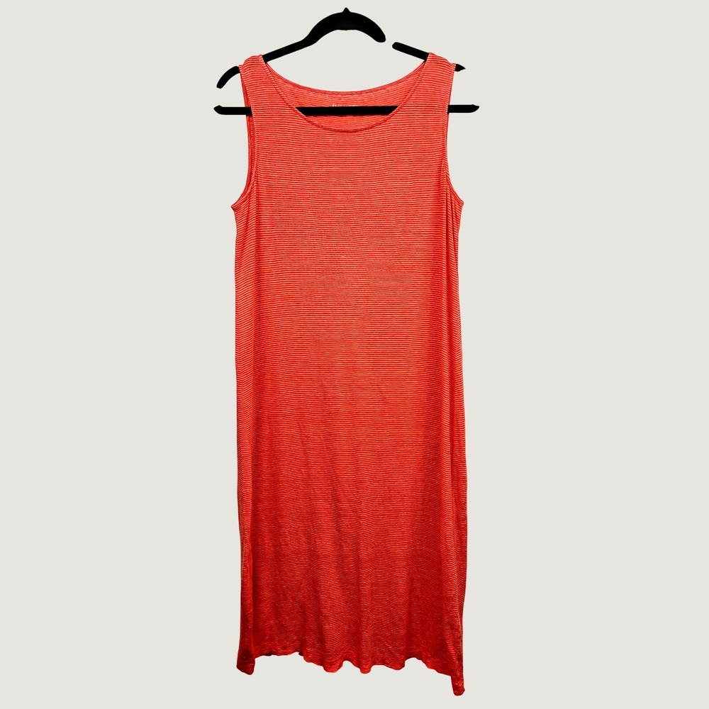 Eileen Fisher Dress Womens S Orange Striped Linen Knit Sleeveless S3IZJ-4 Midi